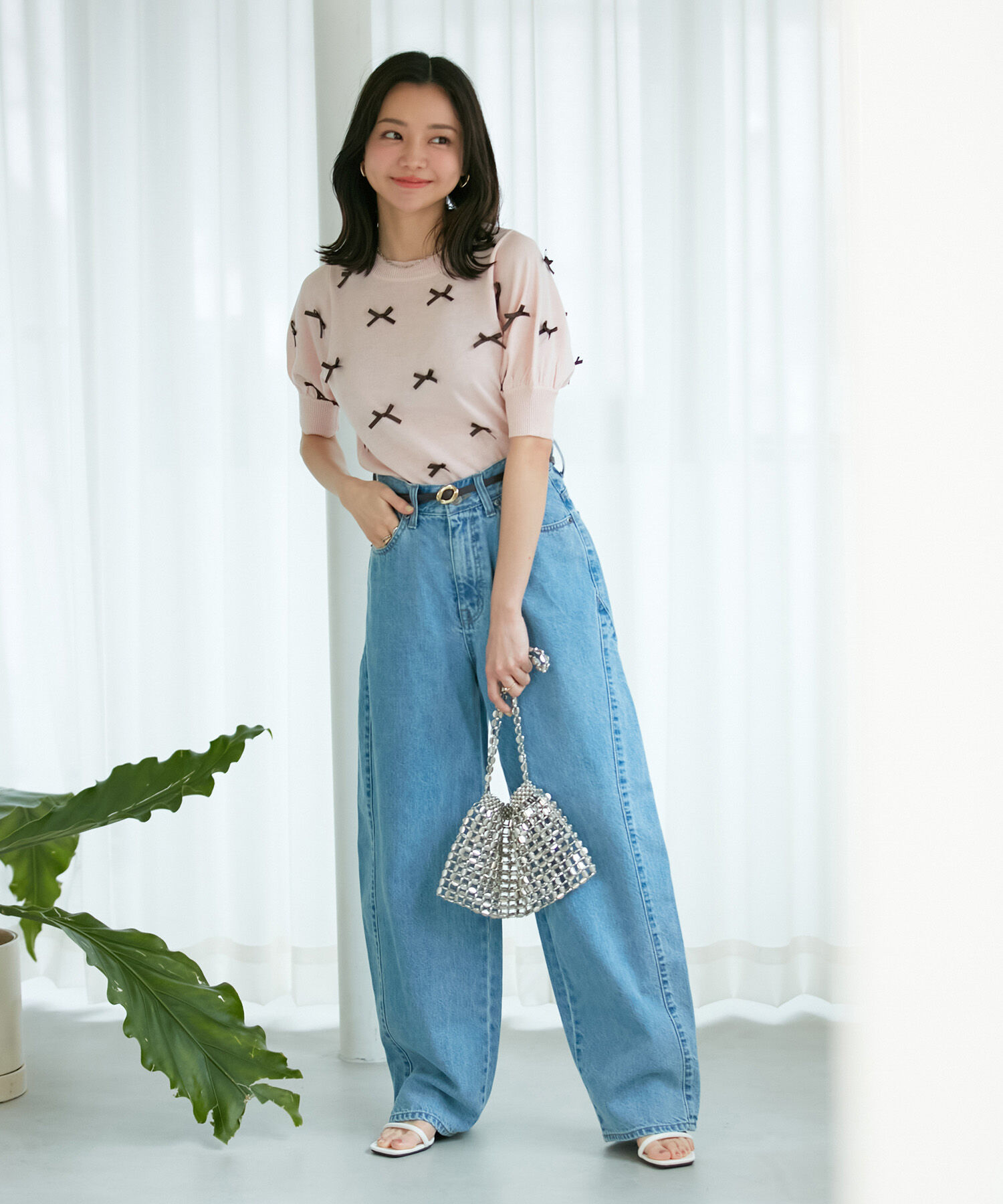 VIS「【WEB限定】リボンハーフスリーブニット」|ニット・セーター|