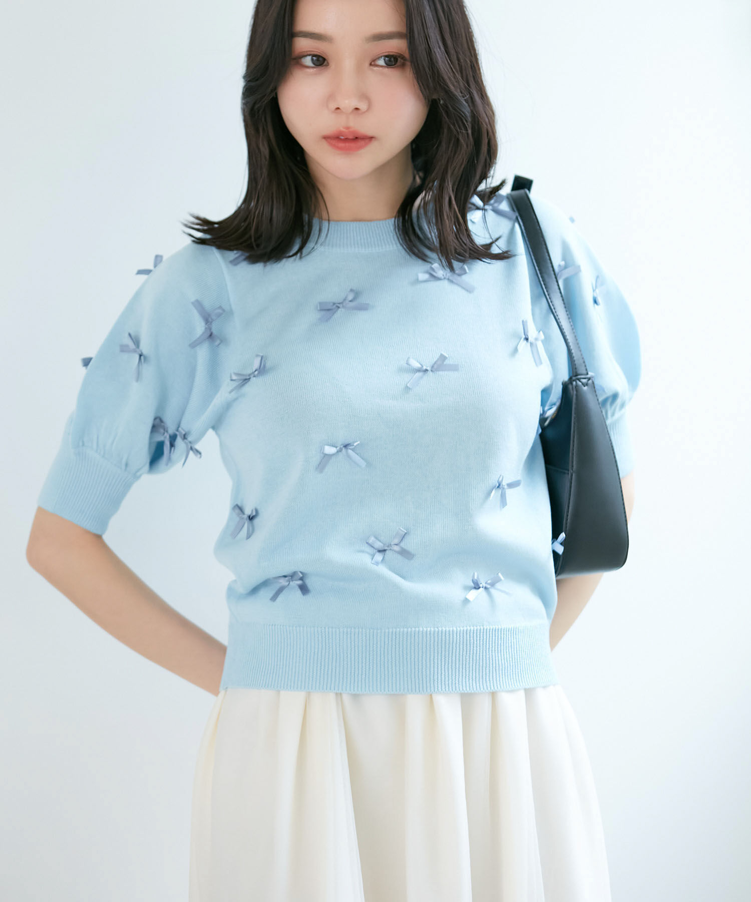 VIS「【WEB限定】リボンハーフスリーブニット」|ニット・セーター|サックス(48)