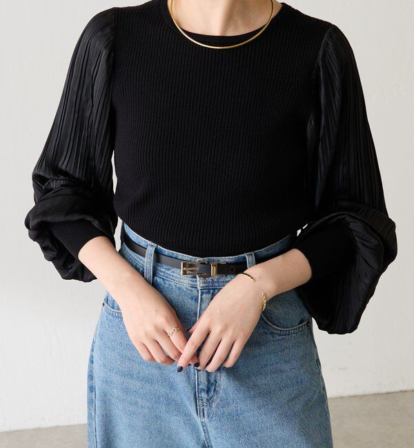  「袖プリーツコンパクトニット」|ニット・セーター|ブラック