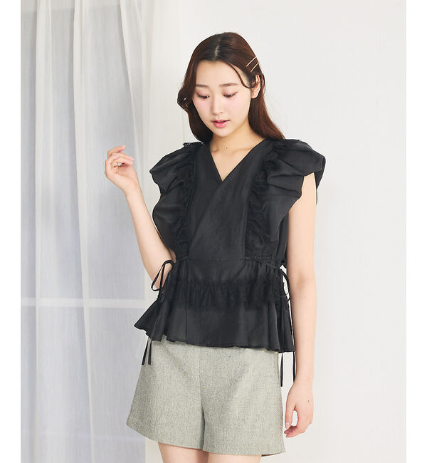 SELFIST「パフショルダーノースリーブフリルブラウス」|シャツ・ブラウス|ブラック