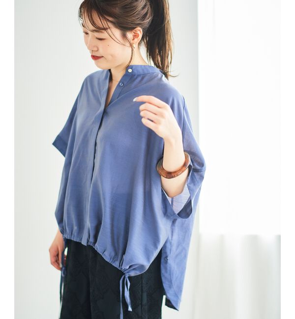  「《手洗い可能》シアー麻シャンブレードロストギャザーシャツ」|シャツ・ブラウス|ブルー