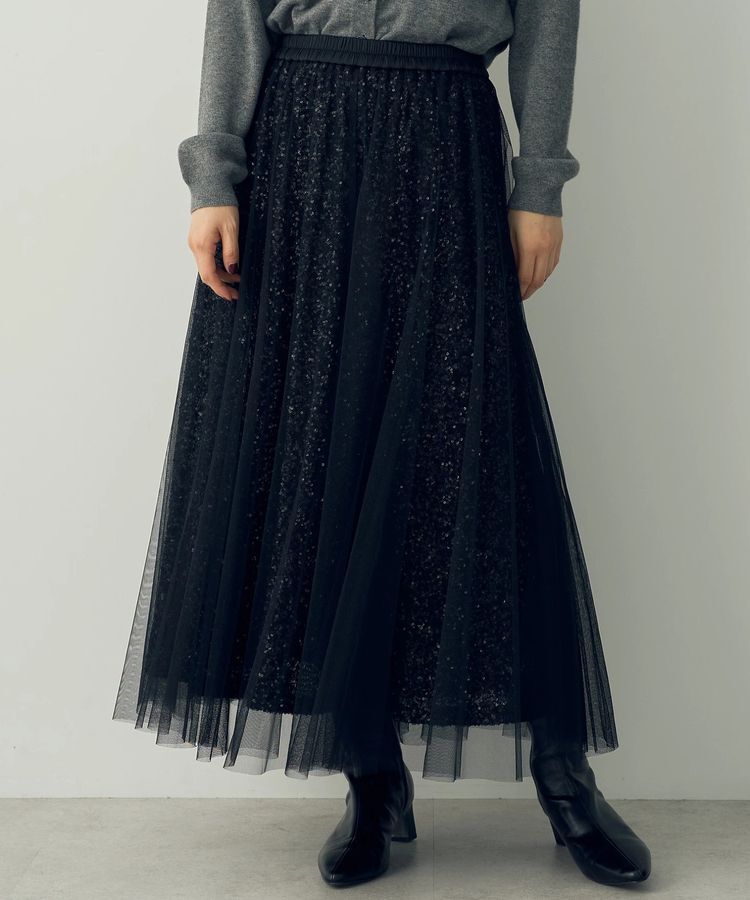YECCA VECCA「スパンコール&times;チュールスカート」|フレア|Black