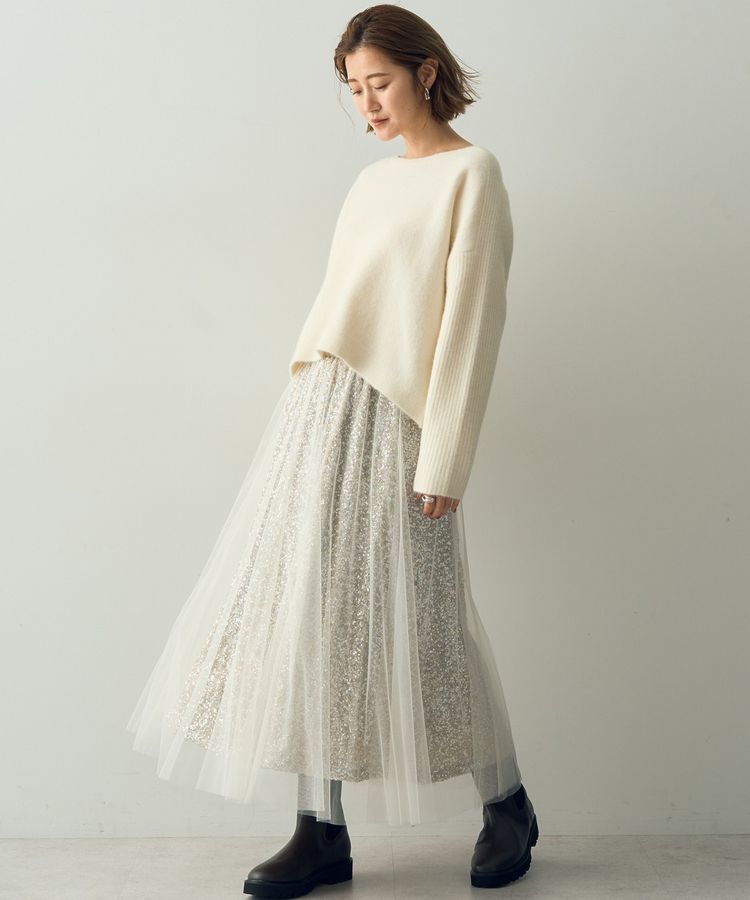 YECCA VECCA「スパンコール&times;チュールスカート」|フレア|Light beige