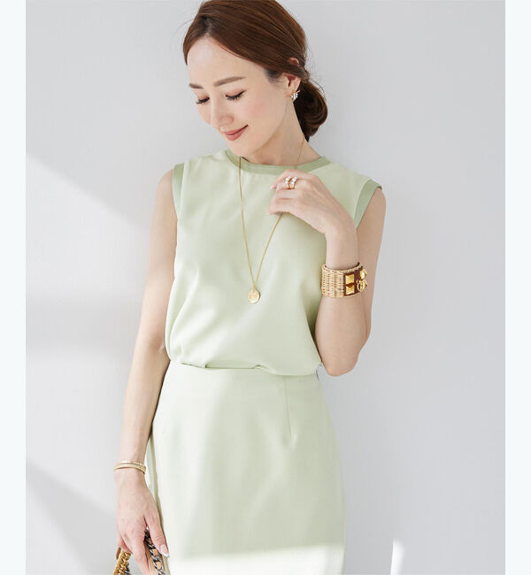 ur's「【星玲奈さんコラボアイテム】【神山まりあさん着用】サテン切替ノースリーブトップス」|Tシャツ・カットソー|グリーン