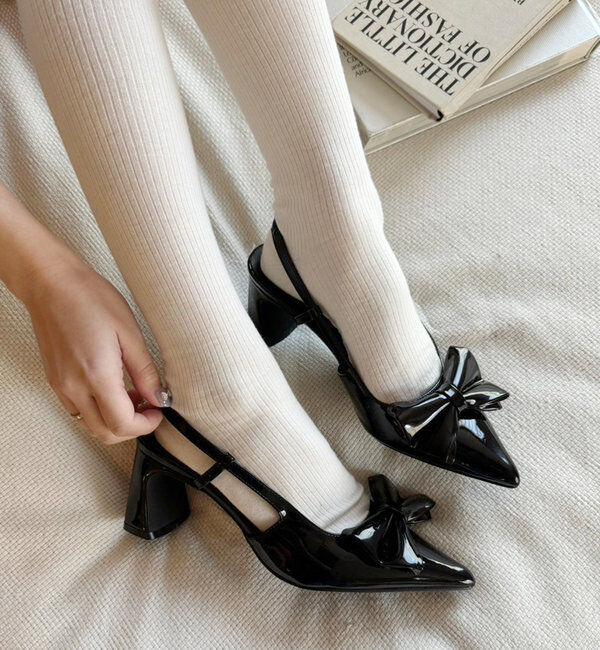 「ビッグリボンポインテッドパンプス」|その他|ブラック