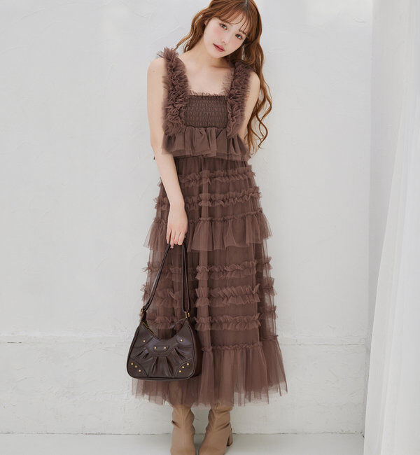  「フリルチュールロングスカート」|スカート|ブラウン