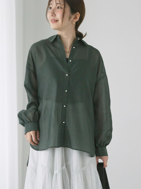 Te chichi TERRASSE「パール釦レギュラーカラーシアーシャツ」|シャツ・ブラウス|グリーン