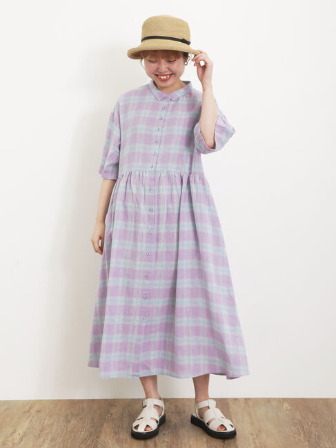 Samansa Mos2「【Sサイズ / WEB限定】【イージーケア】柄アソートリネン混シャツワンピース」|ワンピース|ラベンダー