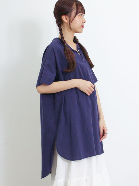 Samansa Mos2「【クールコットン】柄アソートスキッパーチュニック」|シャツ・ブラウス|ネイビー