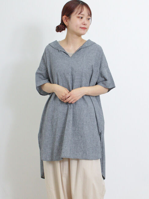 Samansa Mos2「【クールコットン】柄アソートスキッパーチュニック」|シャツ・ブラウス|チャコールグレー