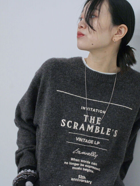 Samansa Mos2 blue「◎プリント起毛ニットプルオーバー」|ニット・セーター|チャコールグレー