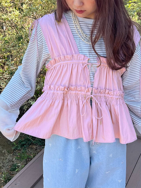 Samansa Mos2「前後2WAYシャーリングリボンベスト」|ダウンベスト・ベスト|ピンク