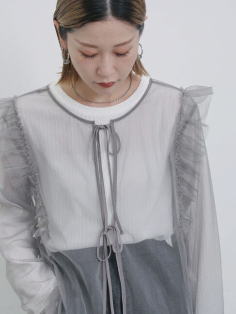 Samansa Mos2 blue「2wayラメチュールフリルプルオーバー」|Tシャツ・カットソー|