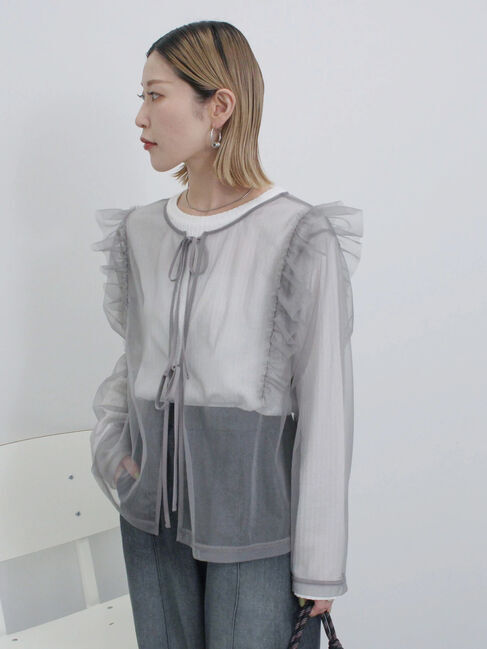 Samansa Mos2 blue「2wayラメチュールフリルプルオーバー」|Tシャツ・カットソー|