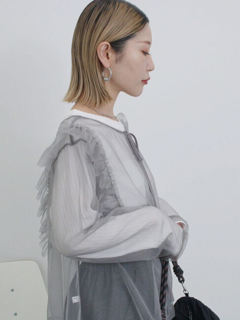 Samansa Mos2 blue「2wayラメチュールフリルプルオーバー」|Tシャツ・カットソー|