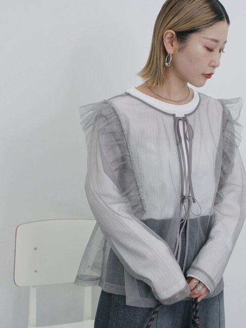 Samansa Mos2 blue「2wayラメチュールフリルプルオーバー」|Tシャツ・カットソー|