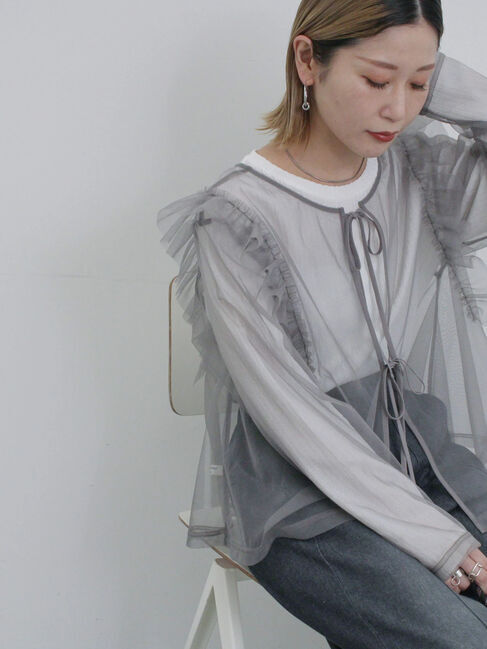 Samansa Mos2 blue「2wayラメチュールフリルプルオーバー」|Tシャツ・カットソー|