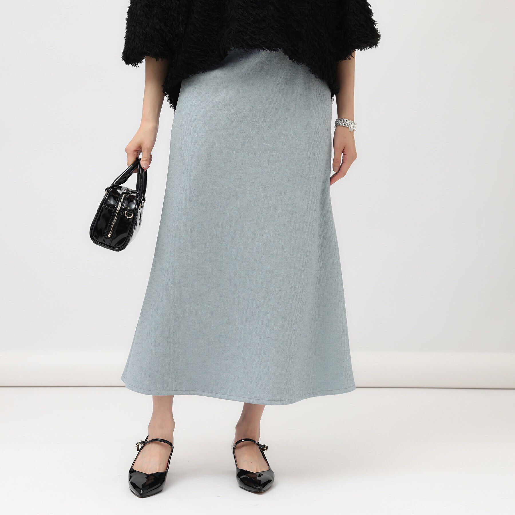 UNTITLED「【ストレッチ/オールシーズン対応】スラブジャージフレアスカート」|スカート|ブルー(091)