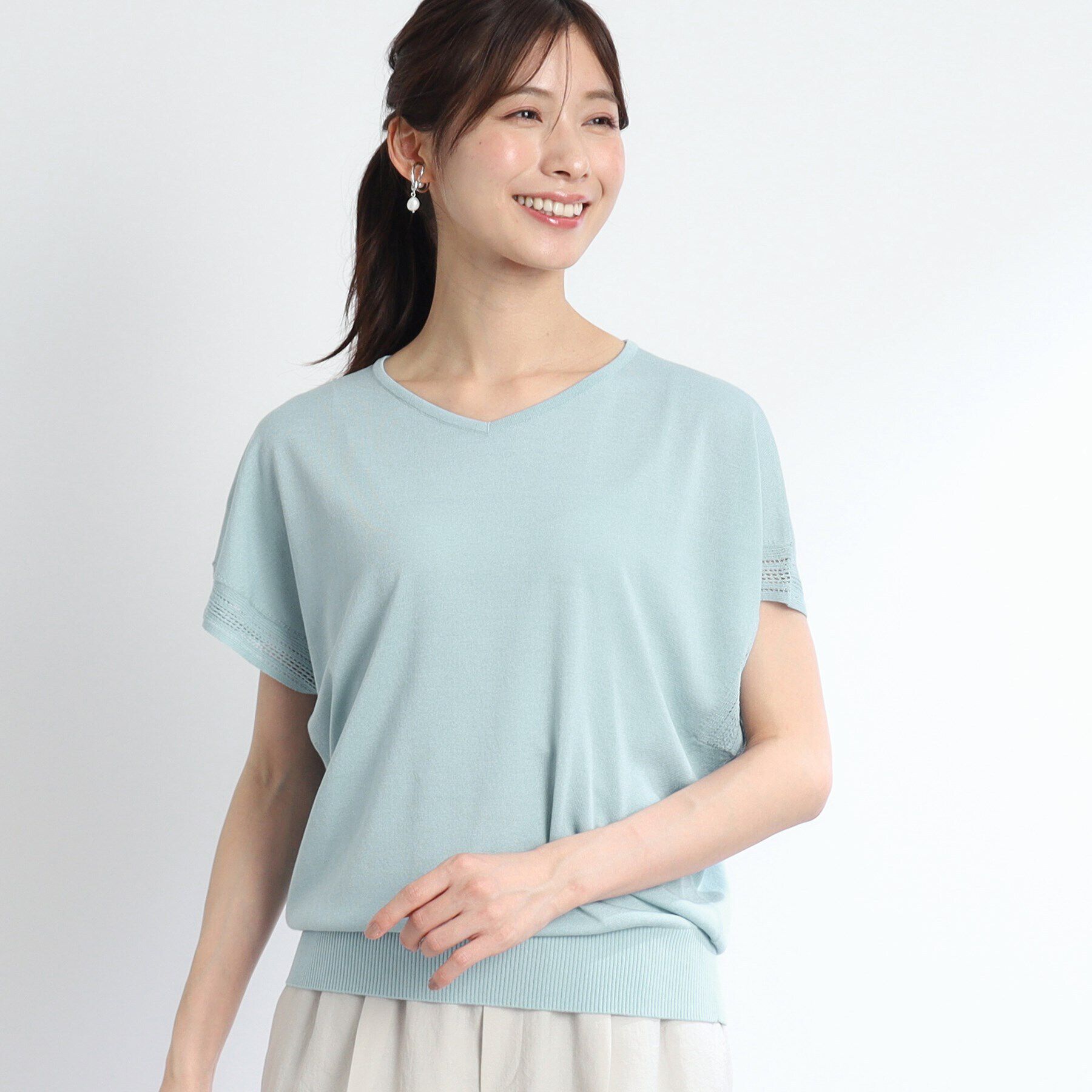 Reflect「【SALE／WEB限定カラーあり／二の腕カバー◎】透かし柄スリーブニット」|ニット・セーター|サックスブルー(09