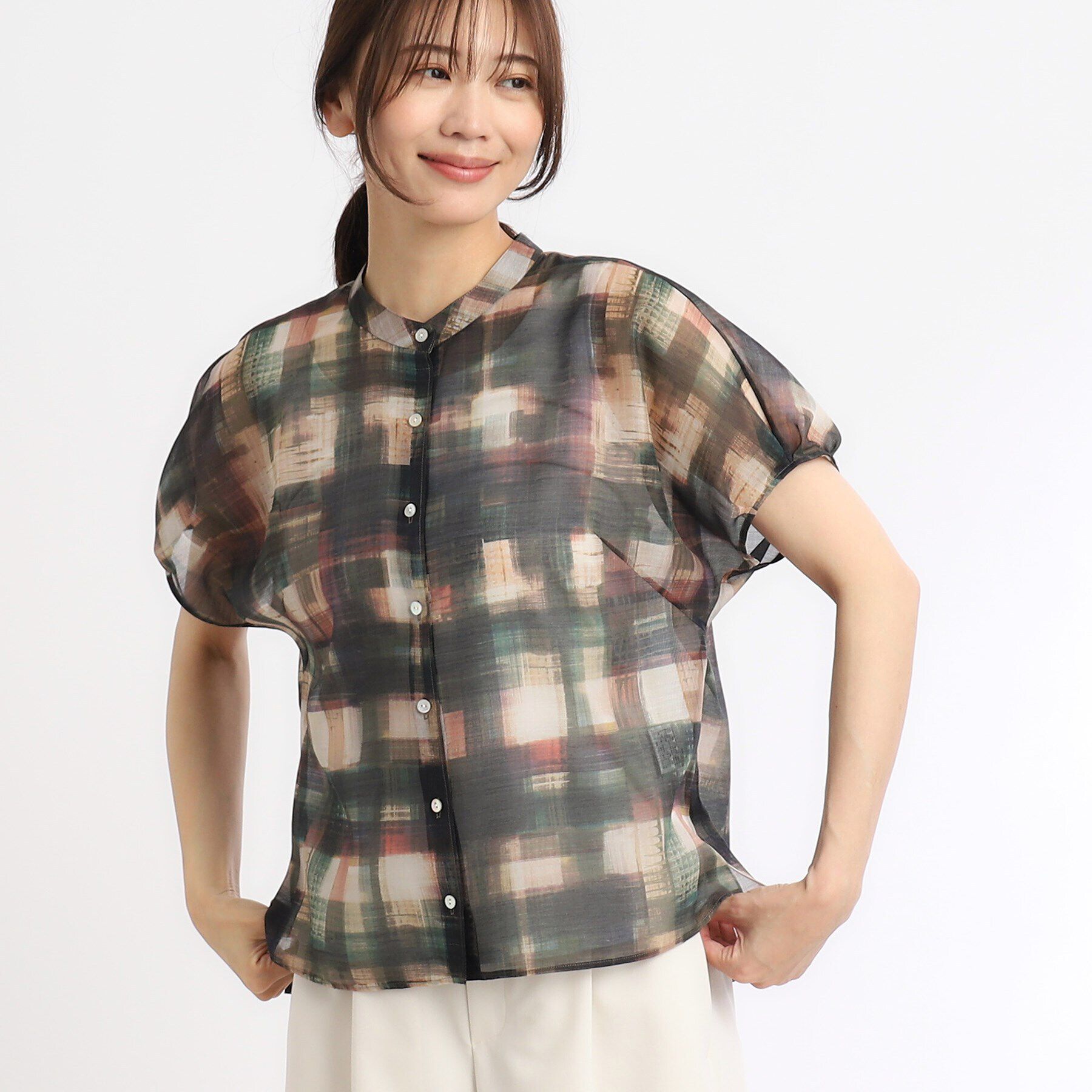 Reflect「【マシンウォッシュ可／セットアップ可能】シアーチェックブラウス」|シャツ・ブラウス|グリーン(122)