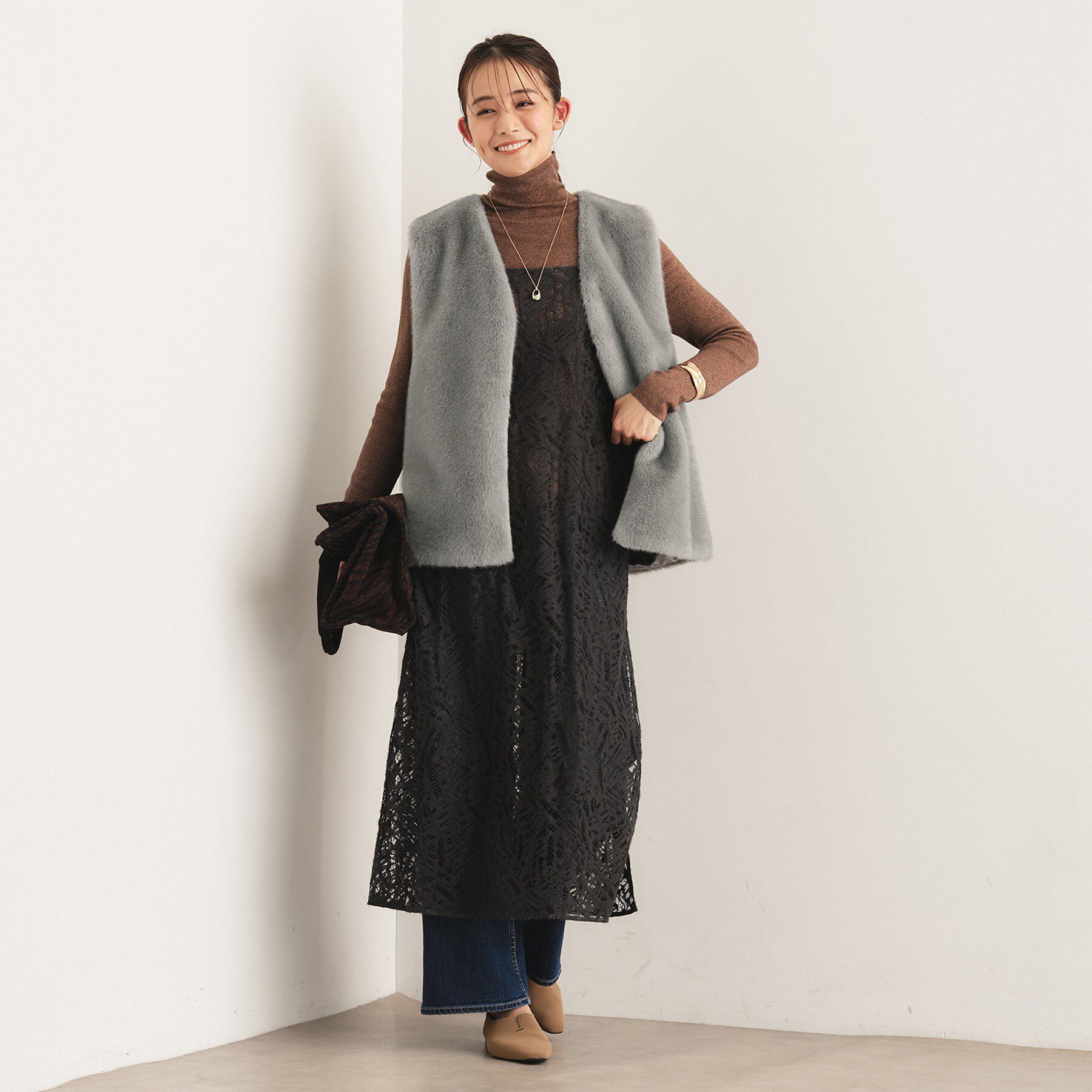 INDIVI「ミンク調フェイクファージレ」|ベスト・ジレ|