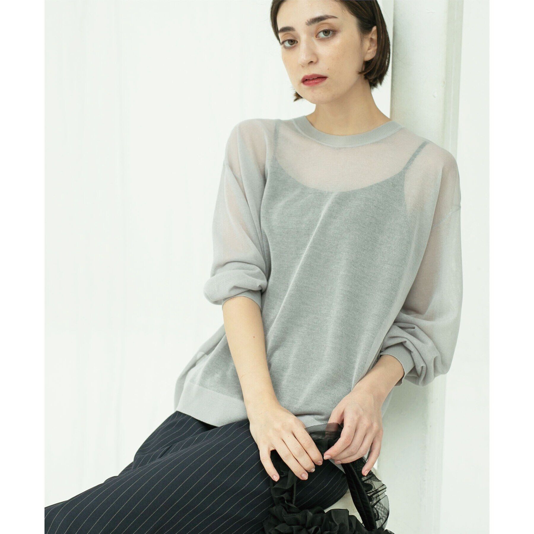 OPAQUE.CLIP「前後2WAY シアーニットプルオーバー【洗濯機洗い可/抗ピル】」|ニット・セーター|ライトグレー(011