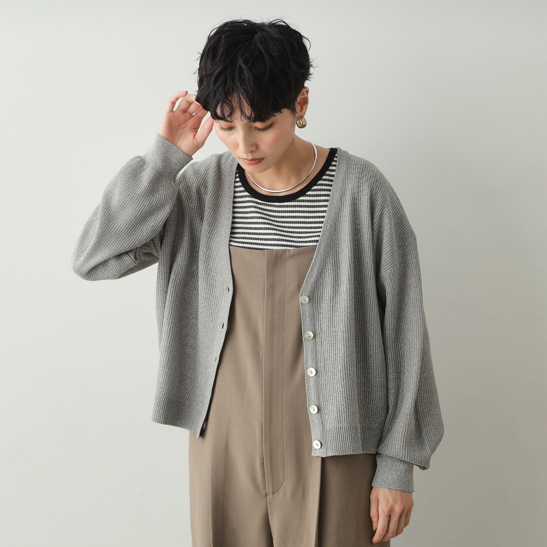 OPAQUE.CLIP「ラメメッシュVネックニットカーディガン【洗濯機洗い可/抗ピル】」|カーディガン|