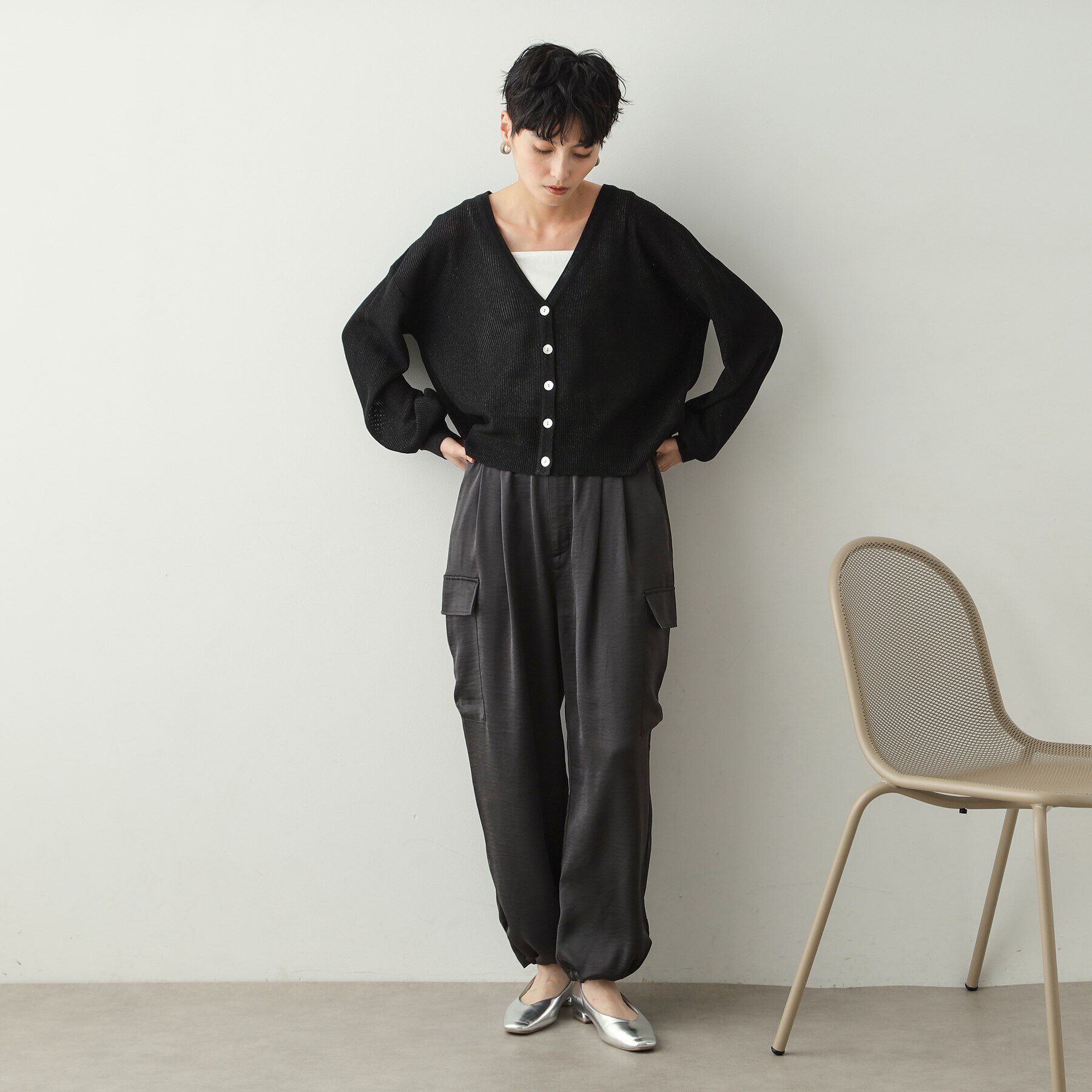 OPAQUE.CLIP「ラメメッシュVネックニットカーディガン【洗濯機洗い可/抗ピル】」|カーディガン|