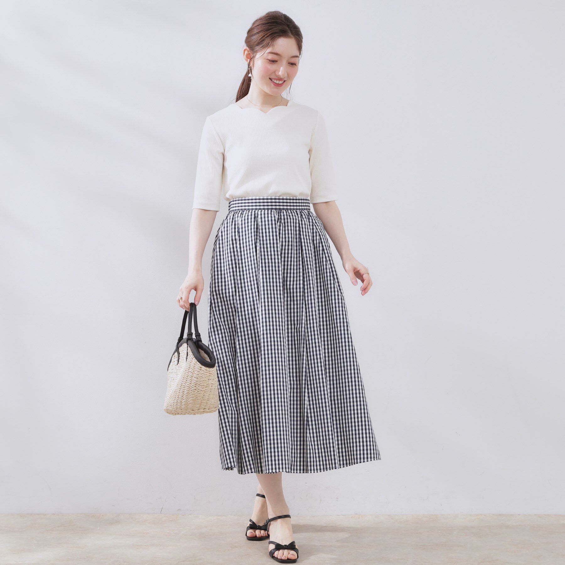 Couture broach「【大人可愛い・ゴム仕様】ギンガムチェック　タック＆ギャザースカート」|スカート|