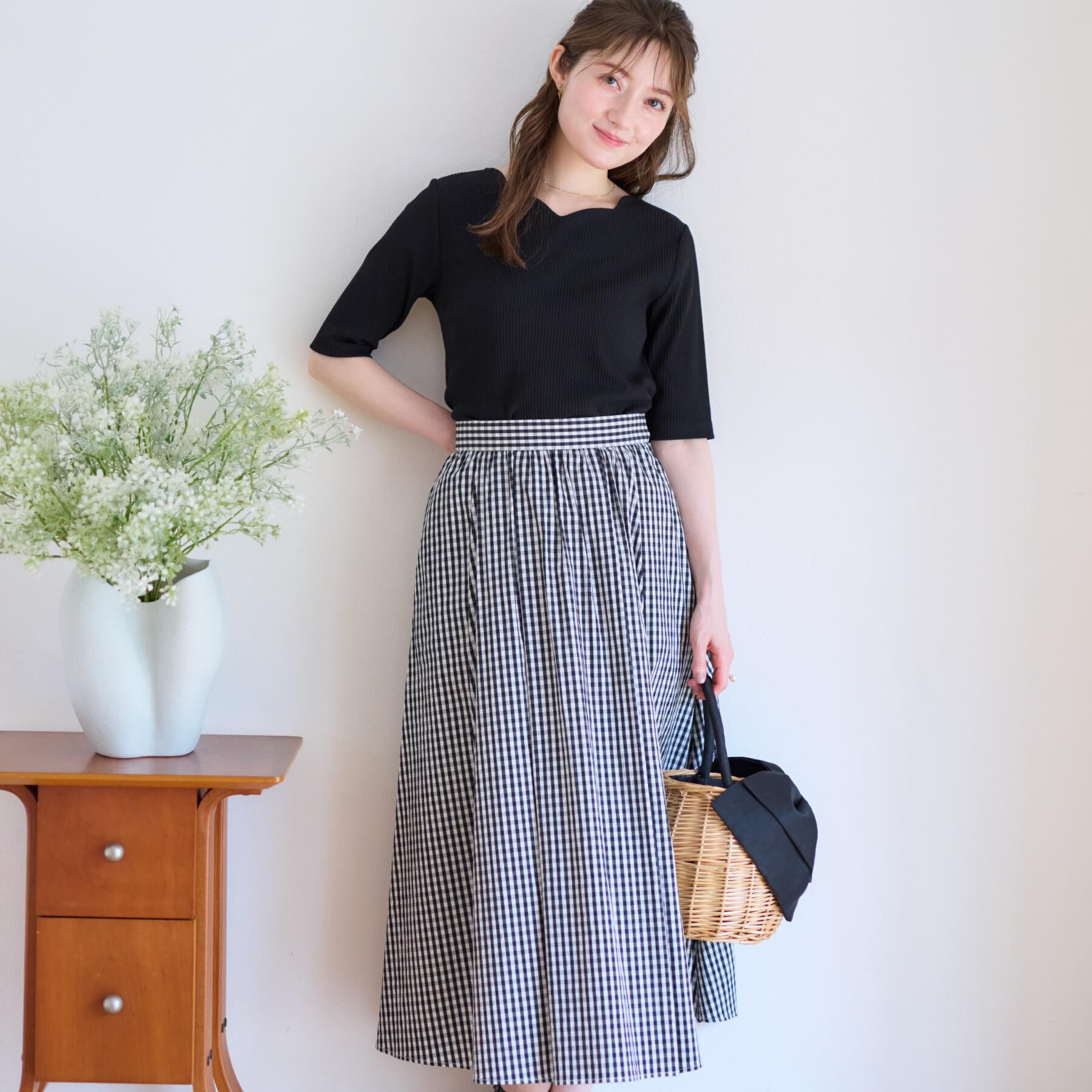Couture broach「【大人可愛い・ゴム仕様】ギンガムチェック　タック＆ギャザースカート」|スカート|