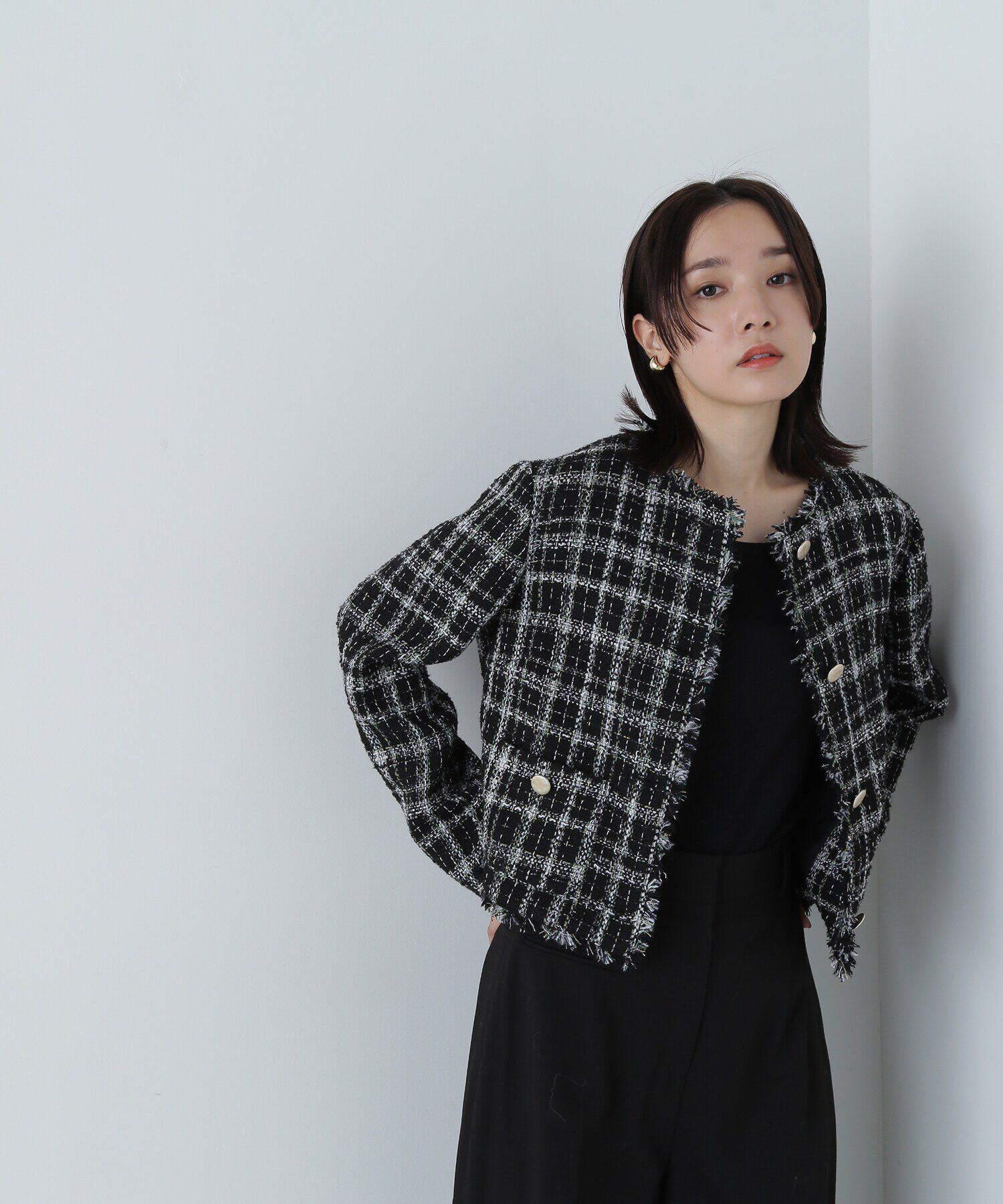  「ノーカラーツイードジャケット　24AW」|ブルゾン・スタジャン|