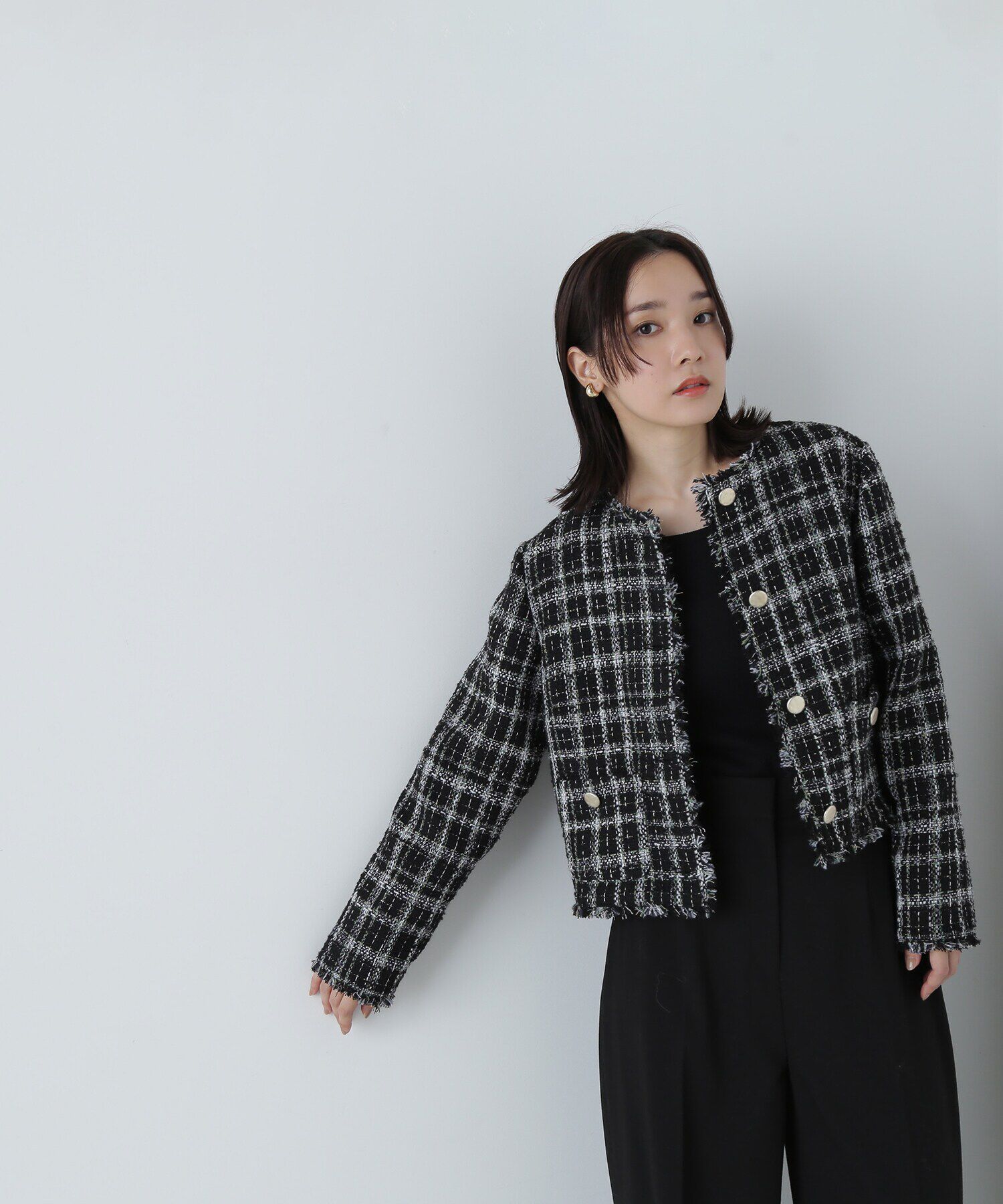  「ノーカラーツイードジャケット　24AW」|ブルゾン・スタジャン|