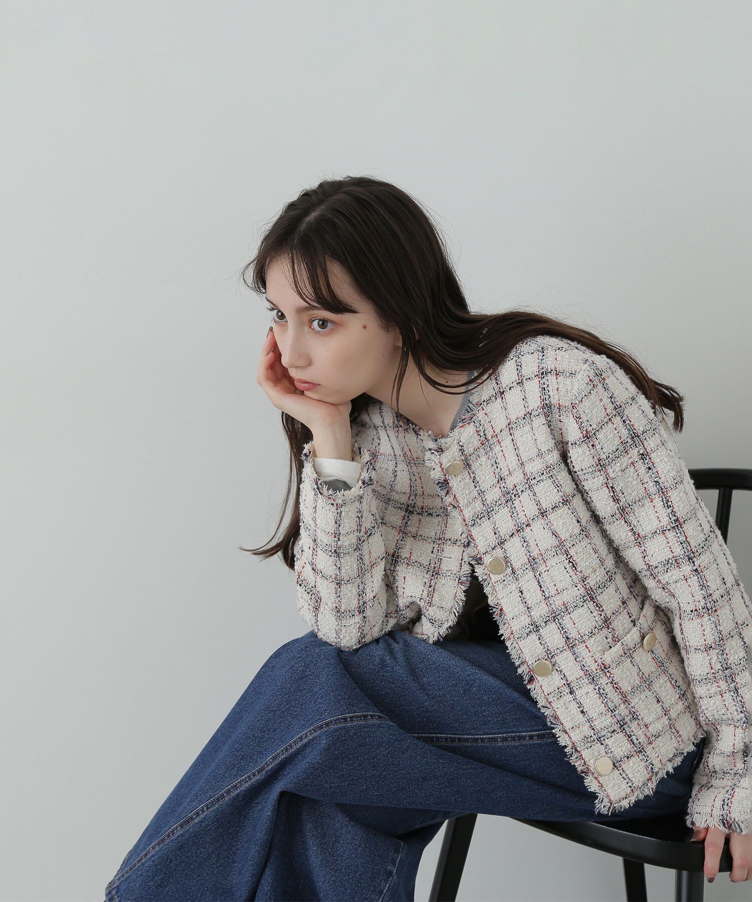  「ノーカラーツイードジャケット　24AW」|ブルゾン・スタジャン|オフ2