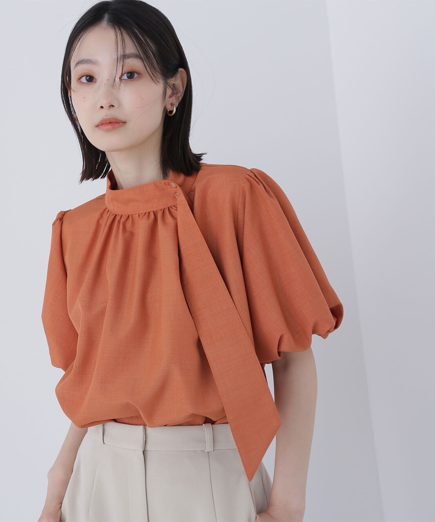  「リネンライクサイドタイブラウス」|シャツ・ブラウス|オレンジ