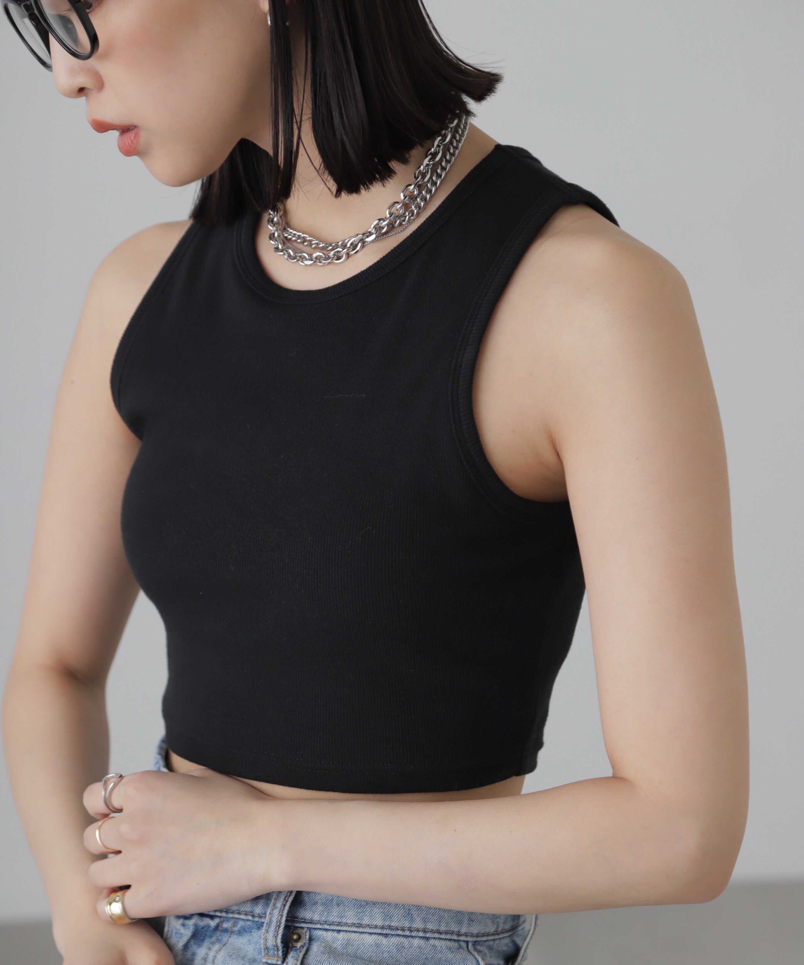  「カップ付きアメスリショート丈タンクトップ」|Tシャツ・カットソー|ブラック