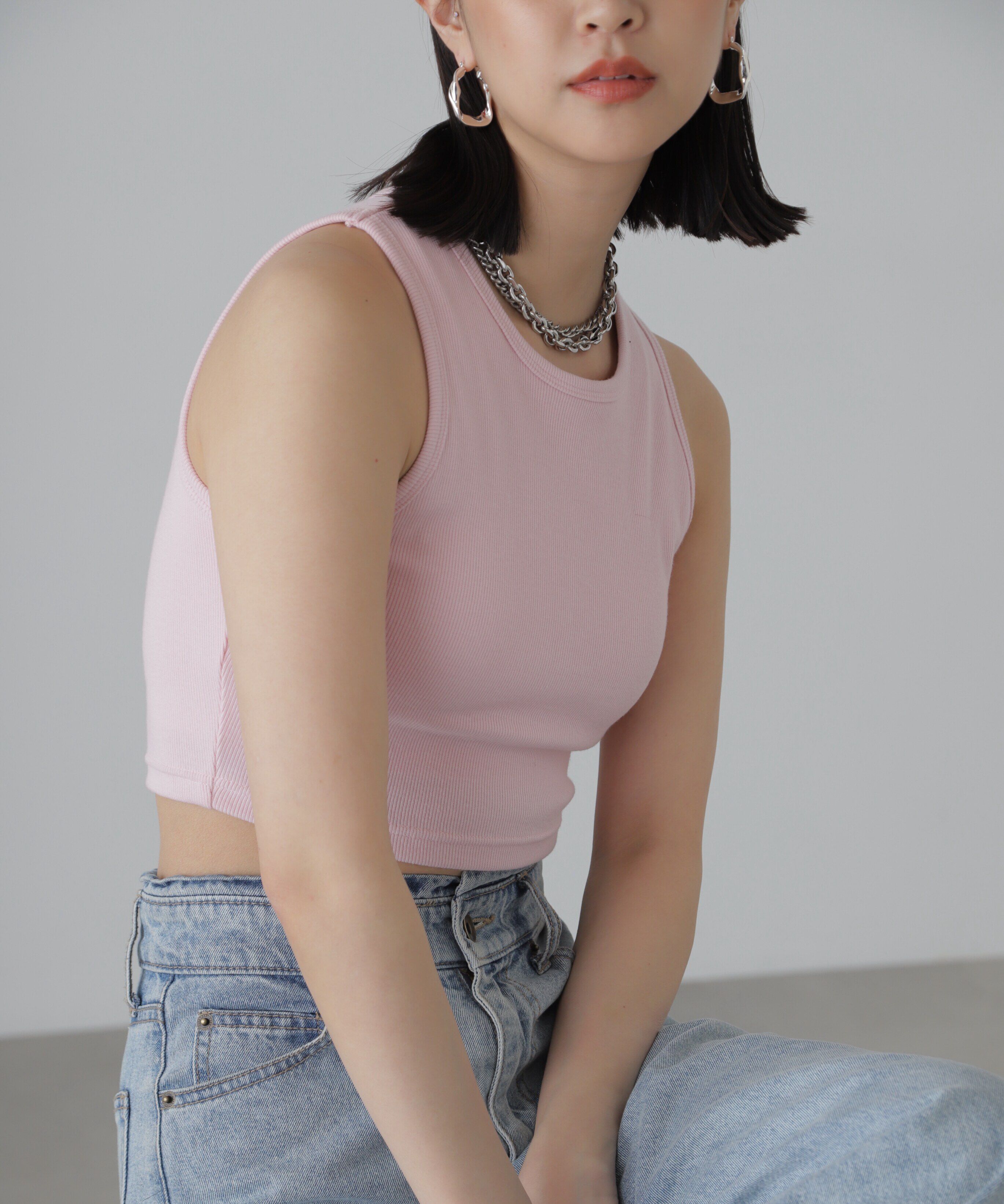  「カップ付きアメスリショート丈タンクトップ」|Tシャツ・カットソー|ピンク