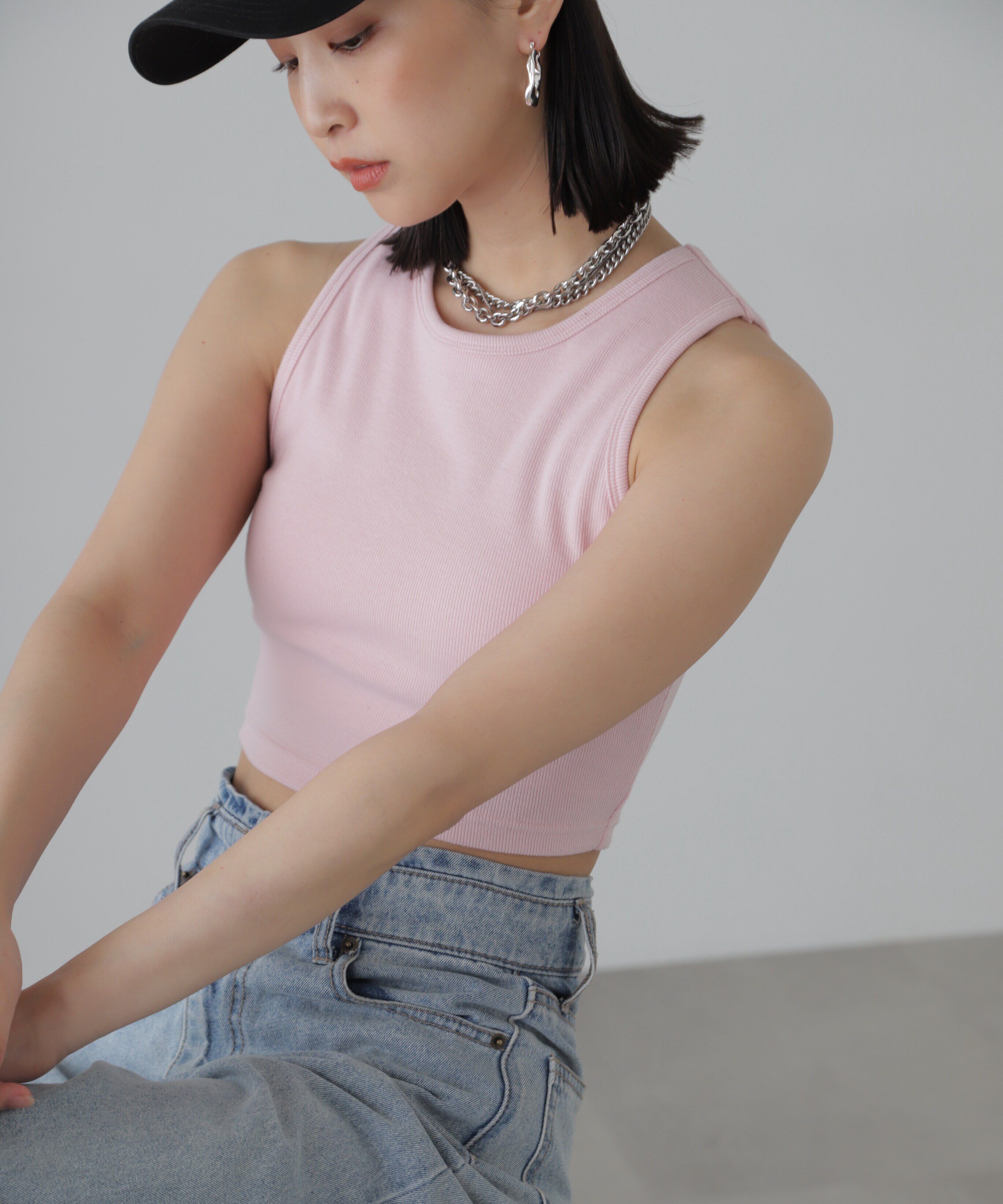  「カップ付きアメスリショート丈タンクトップ」|Tシャツ・カットソー|