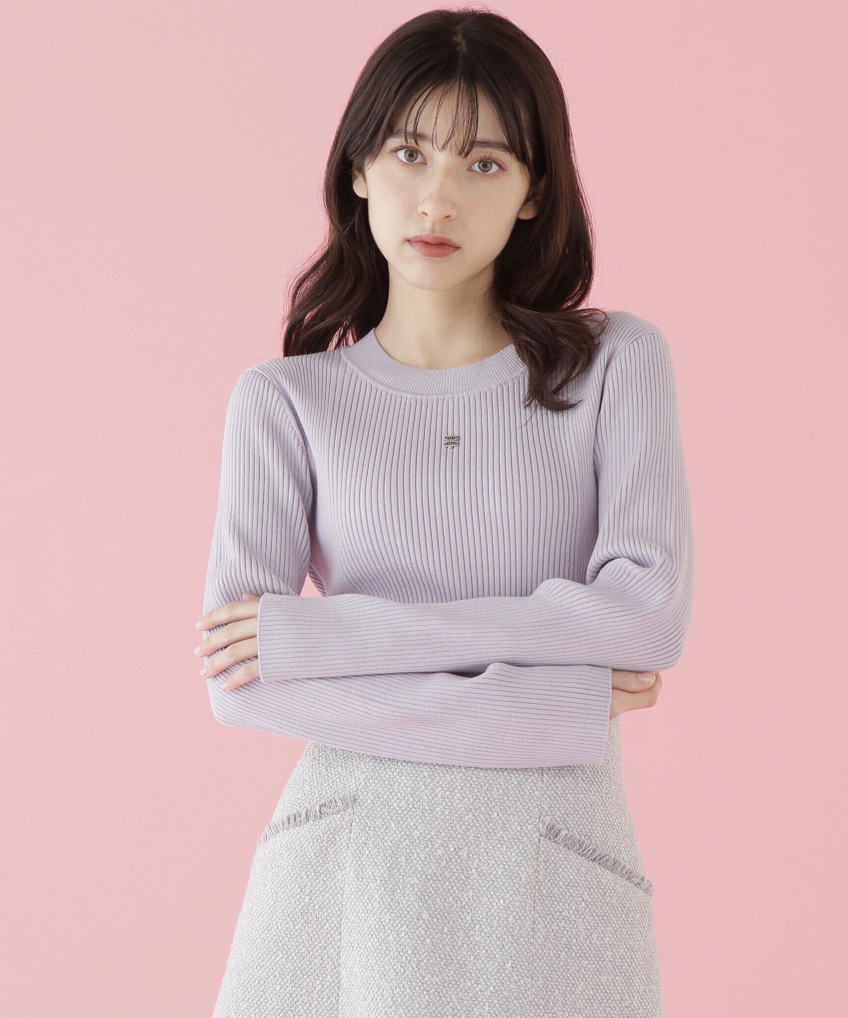  「長袖リブデザインロゴプレートニット」|ニット・セーター|パープル1