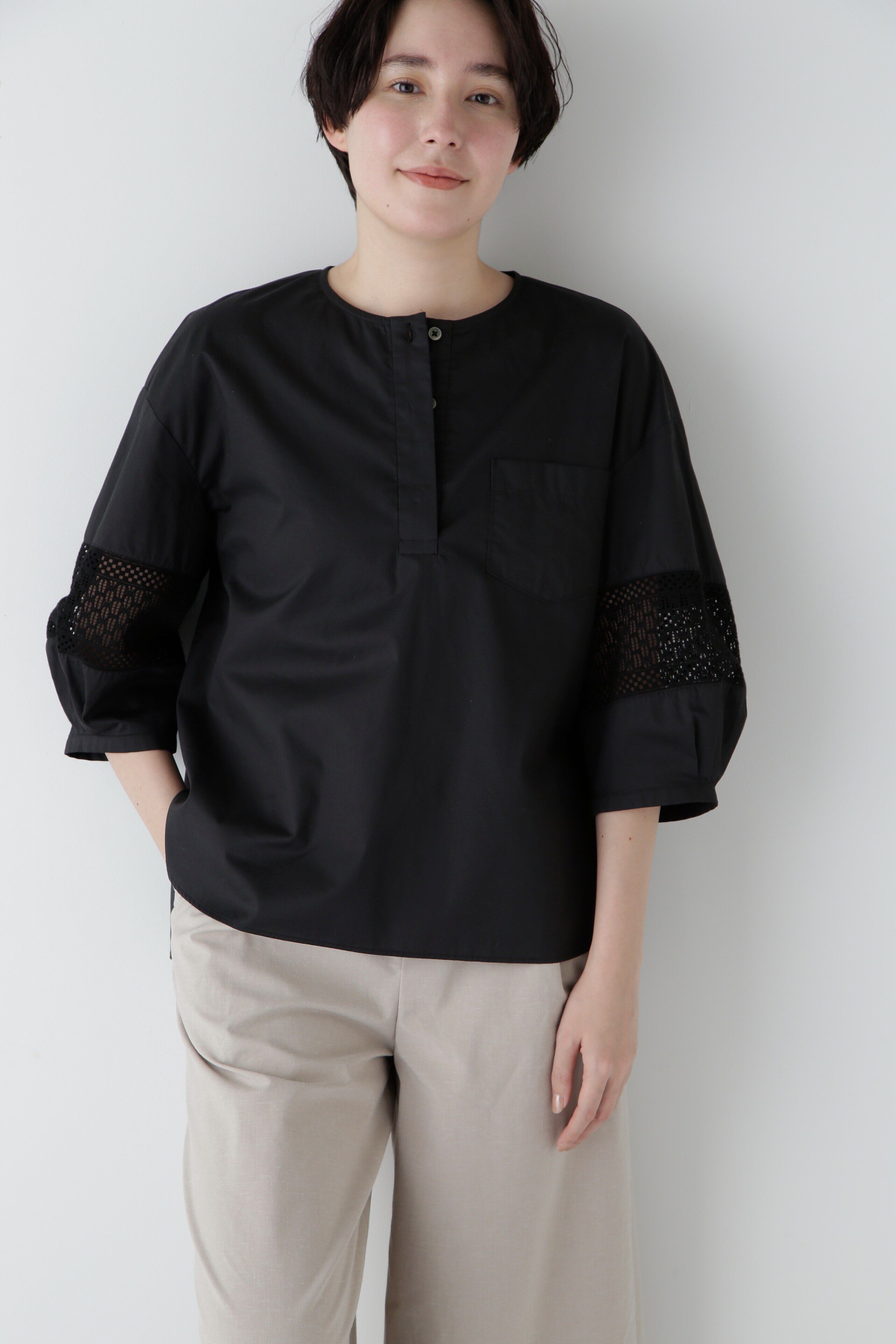  「◆コットンツイルレースドッキングブラウス」|シャツ・ブラウス|