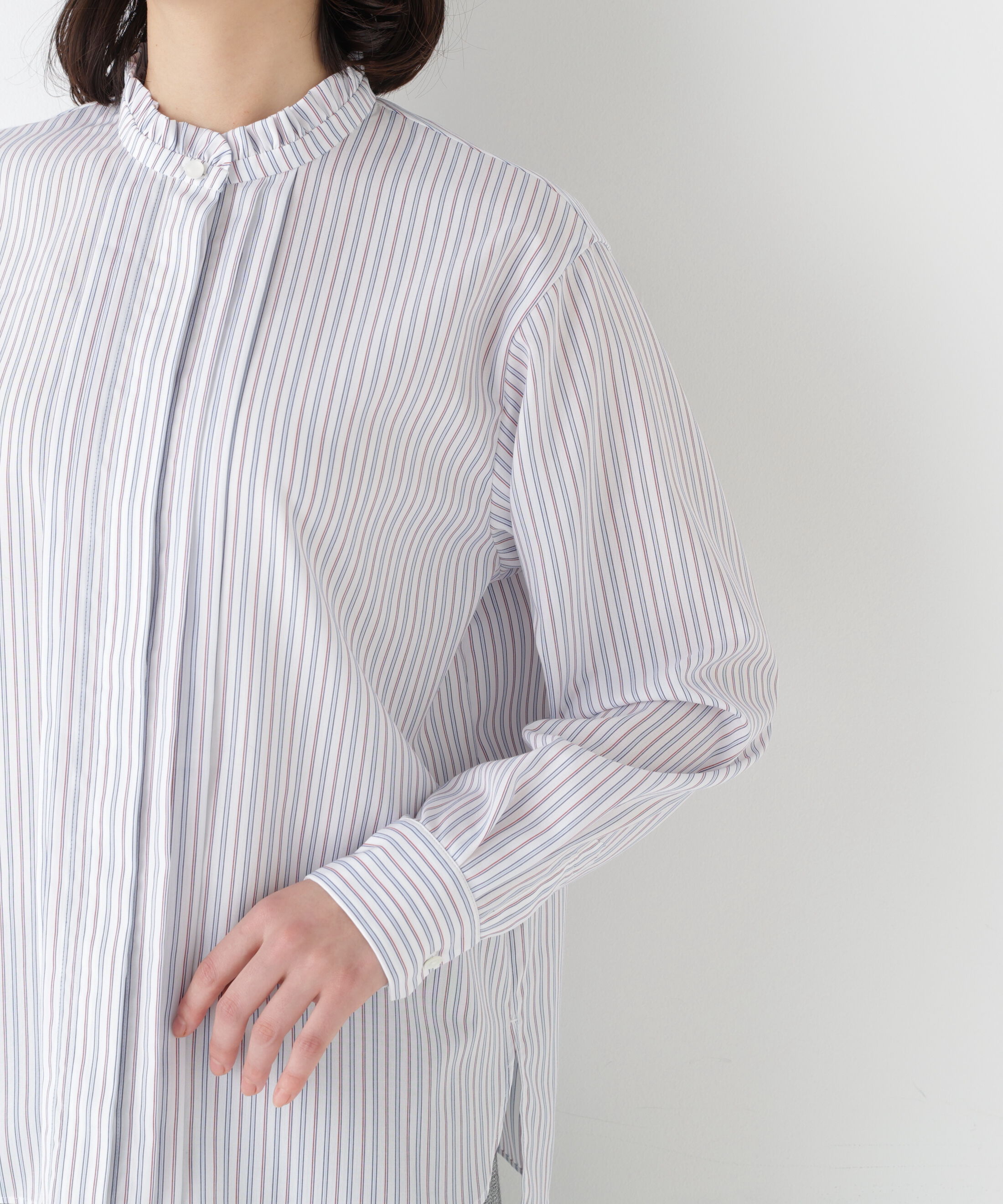  「◆先染めストライプスタンドフリルブラウス」|シャツ・ブラウス|