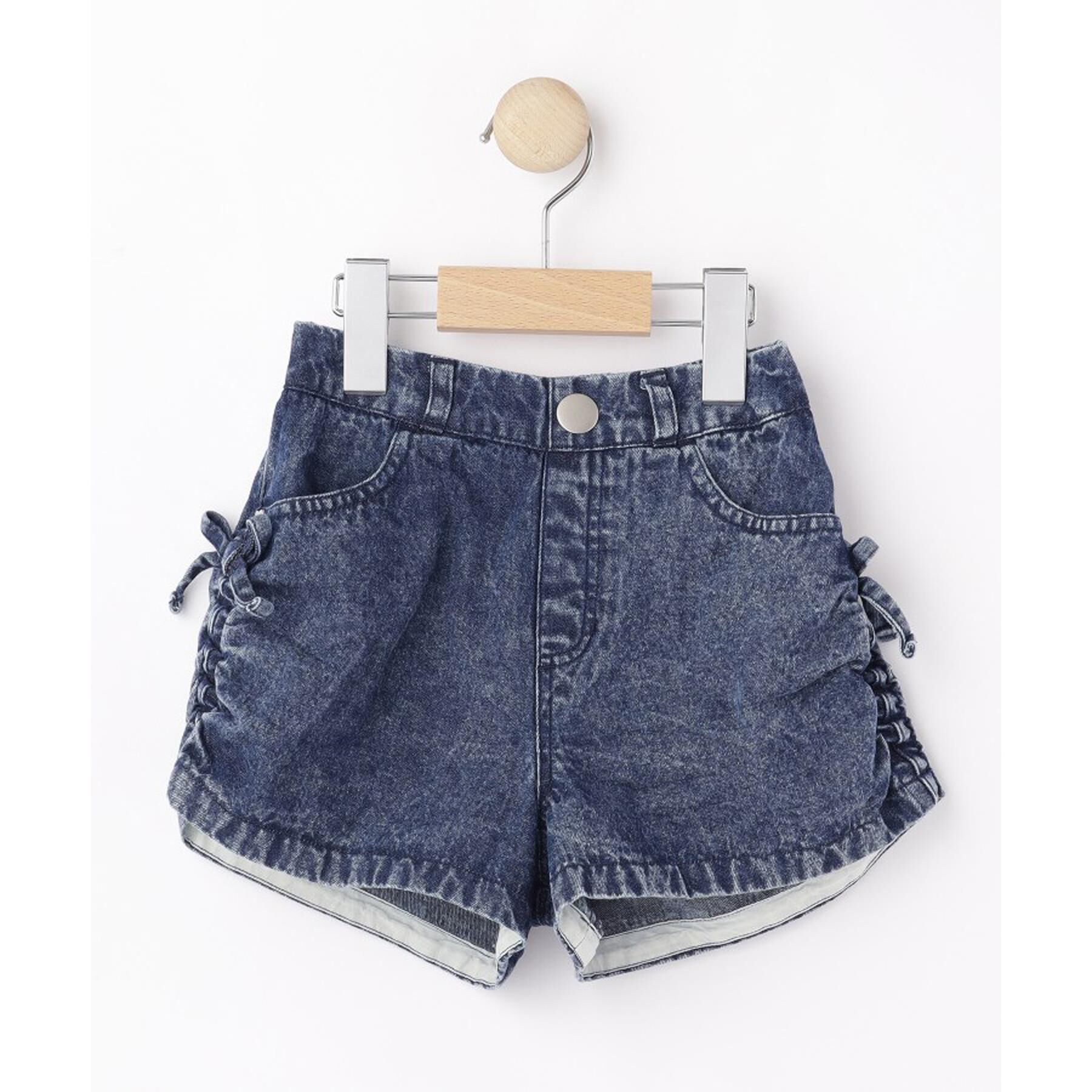 SHOO･LA･RUE「【100-150cm】シャーリングがポイント ケミカルデニムショートパンツ」|キュロット|