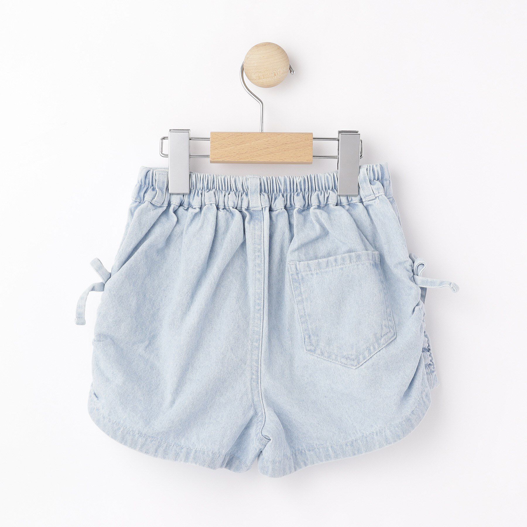 SHOO･LA･RUE「【100-150cm】シャーリングがポイント ケミカルデニムショートパンツ」|キュロット|