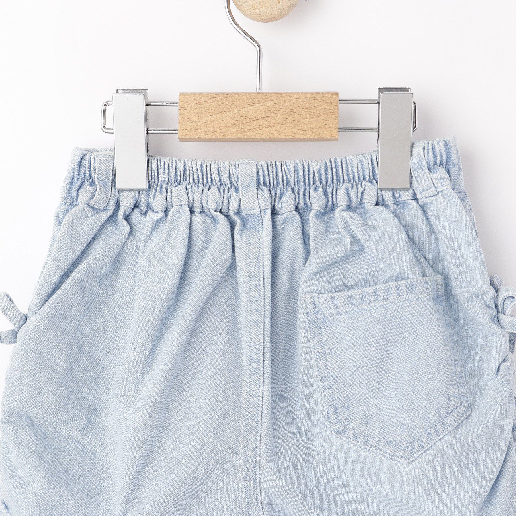 SHOO･LA･RUE「【100-150cm】シャーリングがポイント ケミカルデニムショートパンツ」|キュロット|