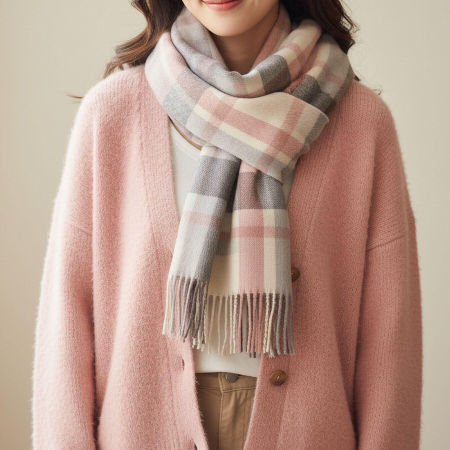 Ober Tashe「【防寒】あったかチェック柄の大判ストール」|ストール|ピンク(372)