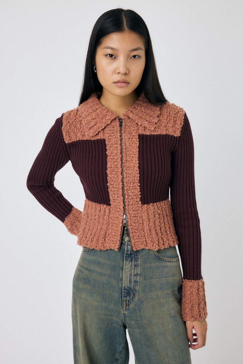 MOUSSY「MIX PATTERN ZIP UP POLO カーディガン」|ニット・セーター|