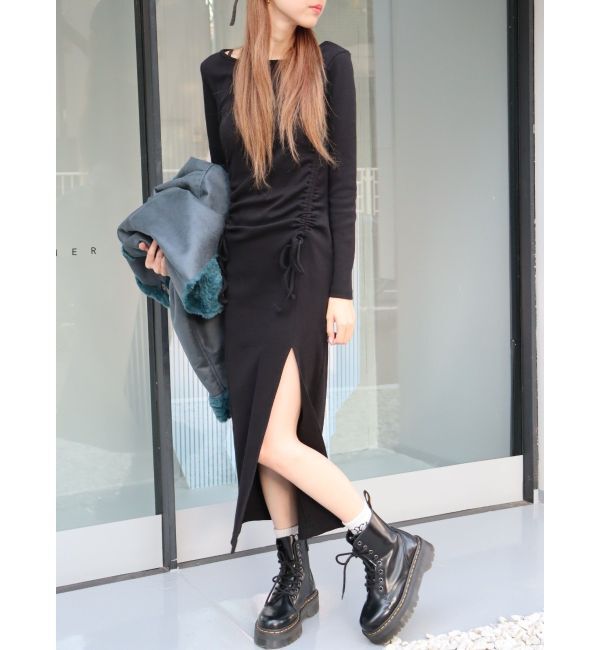 EVRIS「ドロストギャザーロングワンピース」|ワンピース|ブラック