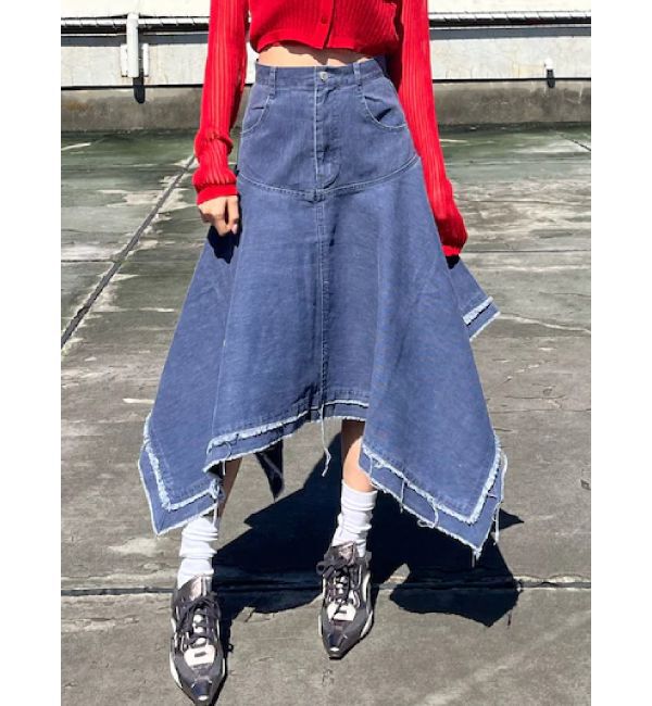 EVRIS「ランダムヘムミディーデニムスカート」|スカート|ブルー