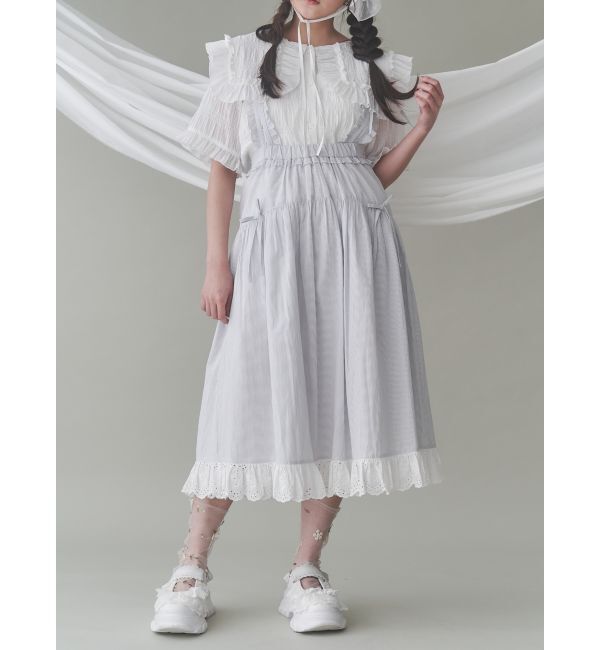 merry jenny「ストライプリボンフレアジャンスカ」|ジャンパースカート|アイスブルー