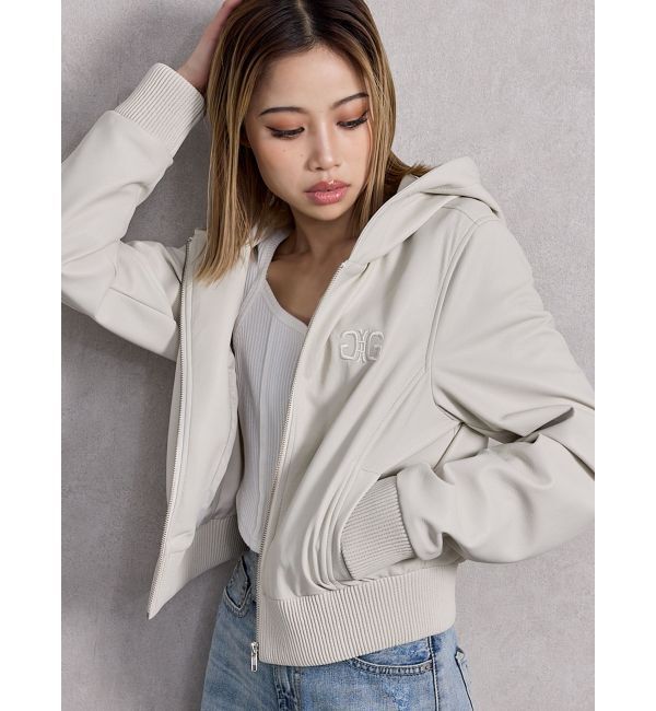 GYDA「フーディーフェイクレザーコート」|ブルゾン・スタジャン|アイボリー