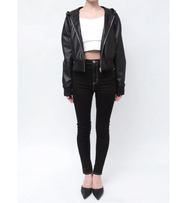 GYDA「フーディーフェイクレザーコート」|ブルゾン・スタジャン|